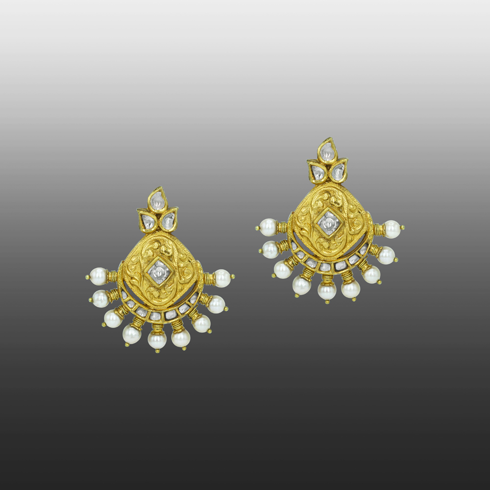 Ornate Gold Earrings with Polkis and Pearl Clusters